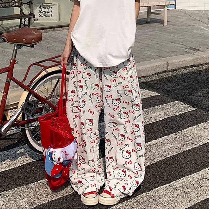 

Plus Size High Waist Cat Print Wide Leg White Jeans for Women Large белый