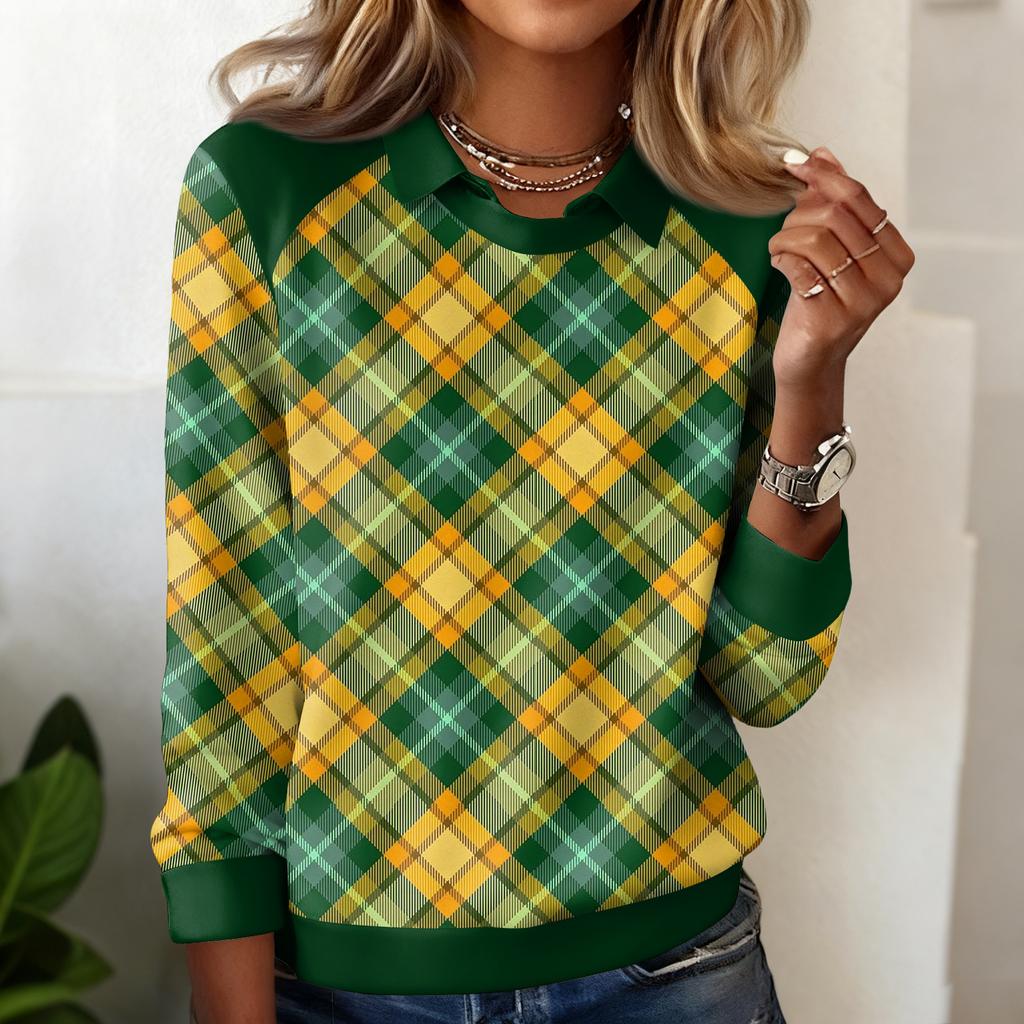 Damen Karomuster Bedrucktes Lässiges Langarm-Sweatshirt-Top