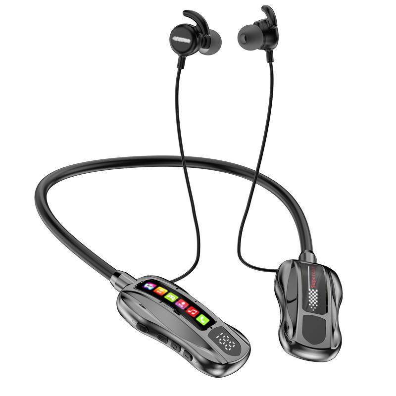 M101S Bluetooth Neckband Earphones with Long Battery, TF Card Support, Karaoke, and Back-In Ear Design.