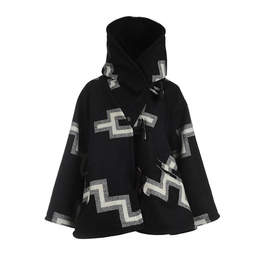 Women Casual Horn Buckle Retro Print Long Sleeve Hooded Jacket Pocket  Coats