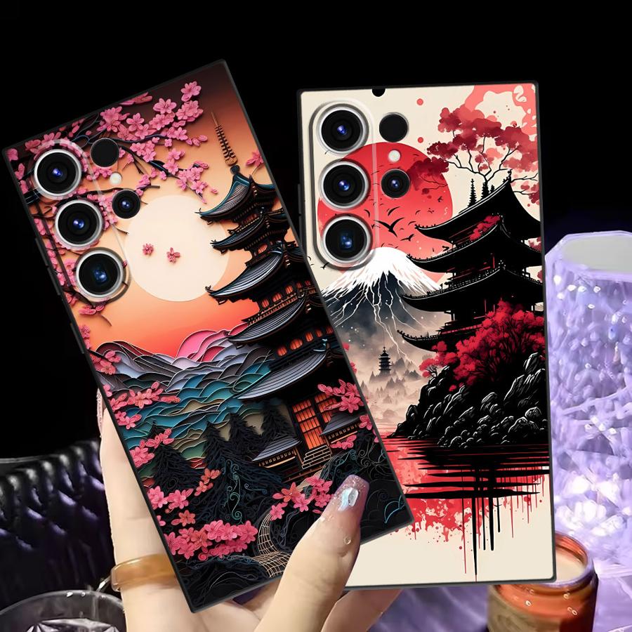 Japanese Ancient House Painting Case for Samsung Galaxy S23 Ultra S25 Edge S24 Plus S20 S21 FE Black Soft Phone Cover
