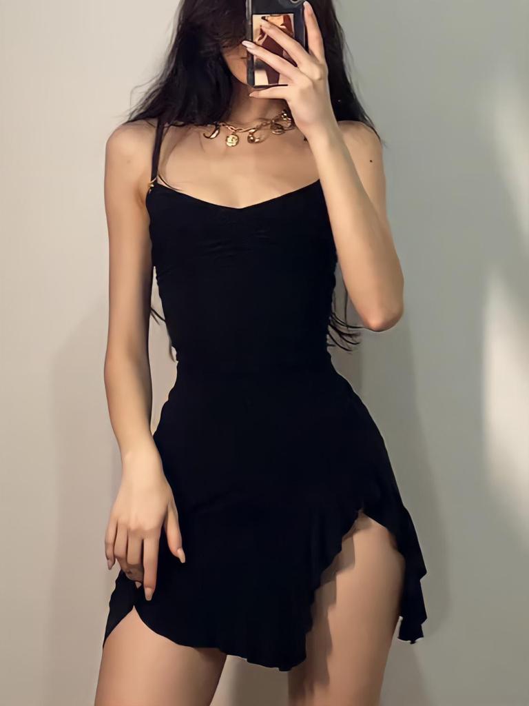 European & American Style Ruffle-Edge Bodycon Camisole Dress with Slit