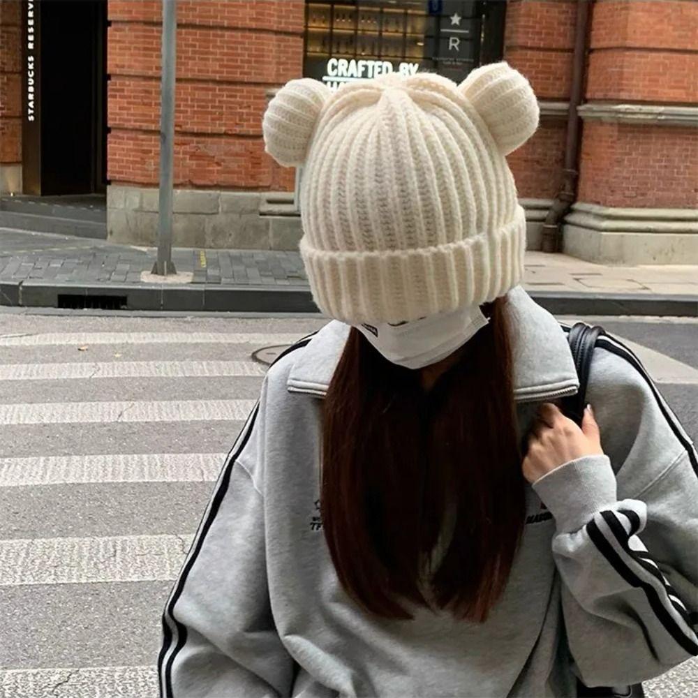 Thickened Snow Beanies Cap Bear Ear Hat Scarf Set Casual Winter Balaclava  Neck Warmer