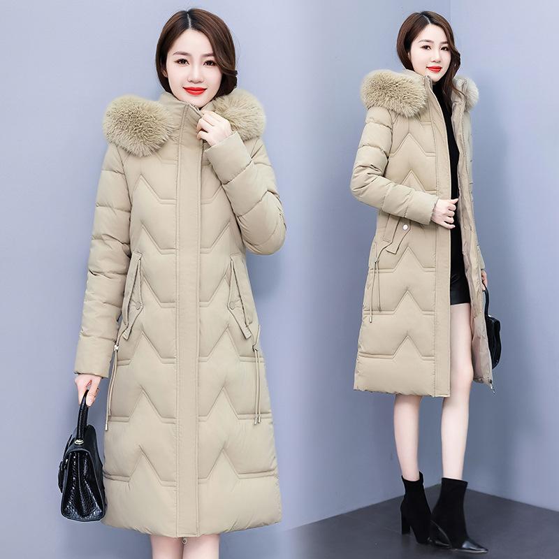 Middle-aged and elderly, big fur collar, hooded cotton-padded clothes for women, long over-knee thickened warm cotton-padded jackets, middle-aged mo