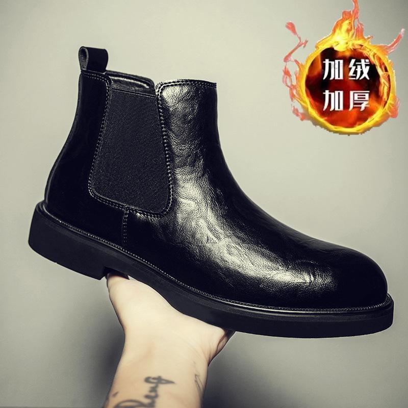 Autumn WinterNew Chelsea Men's Boots British Retro Style Solid-Color Anti-slip Soft Leather Men's Shoes Mid-top Ankle Boots