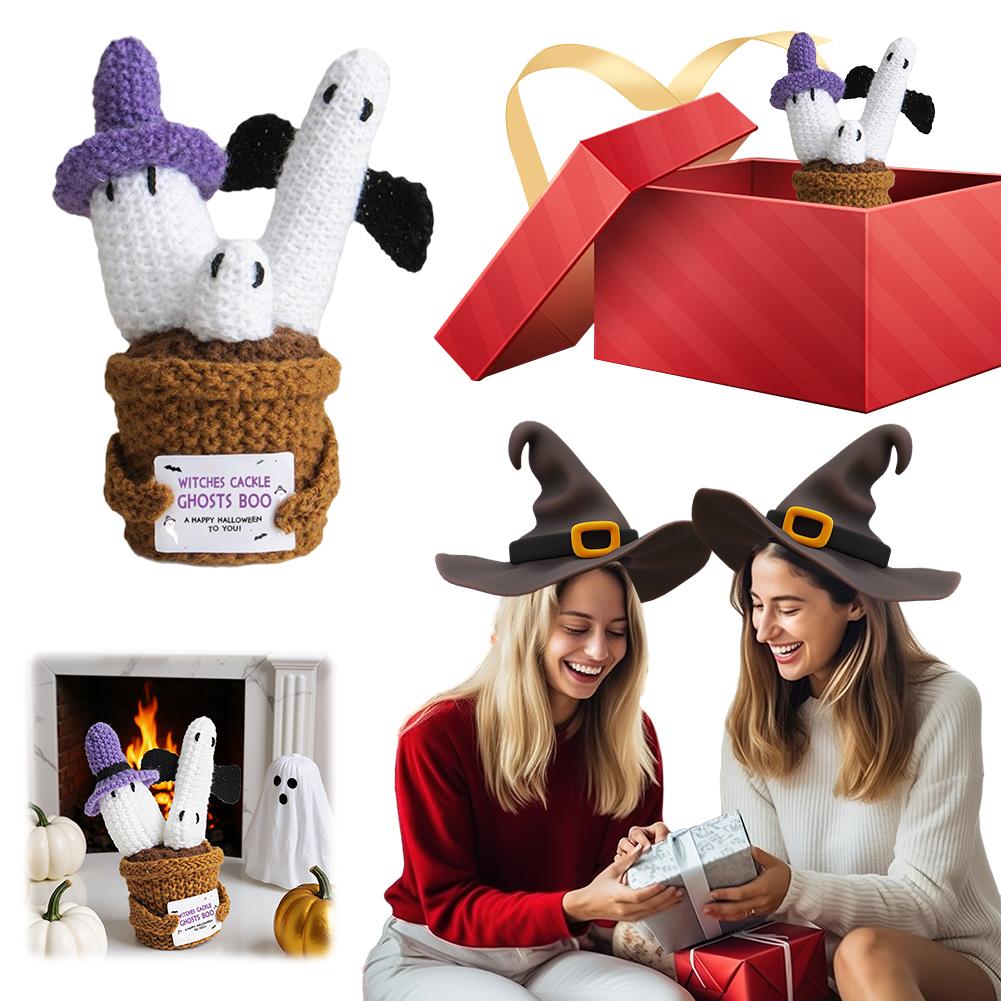 Halloween Knitted Wool Ornaments with Card Crochet Potted Card Doll Handwoven Dolls Figurines for Desktop Home Decoration
