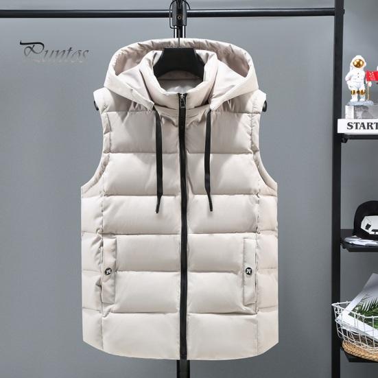 Unisex Cotton Waistcoat Hooded Stand Collar Drawstring Sleeveless Zipper Placket Vest Coat with Pockets Solid Color Thickened Warm Vest Jacket