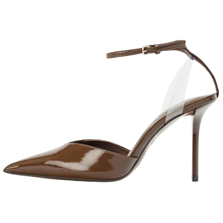 

ZARA Patent Leather Pointed Toe Ankle Strap Pumps With Vinyl Detail Brown Womens 2250510700 37