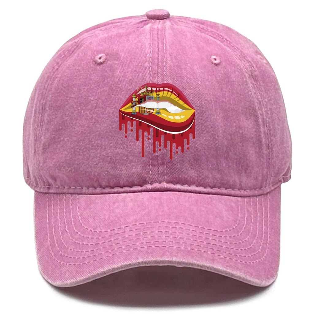 Spain Flag Lip Print Snapback Baseball Hat, Patriotic Sports Hat Vintage Hip Hop Breathable Distressed Adjustable Baseball Cap