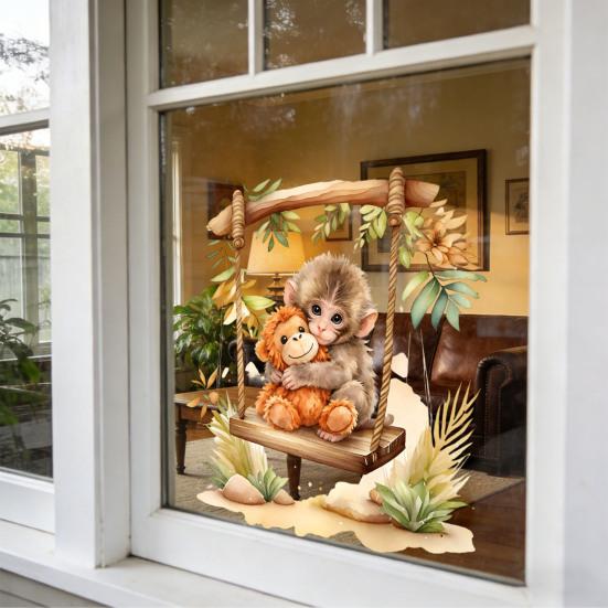 Affen Fenstertattoo Niedlicher Babyaffe PVC-Aufkleber Wiederverwendbare Statische Glasaufkleber für Wohnzimmer Heimdeko