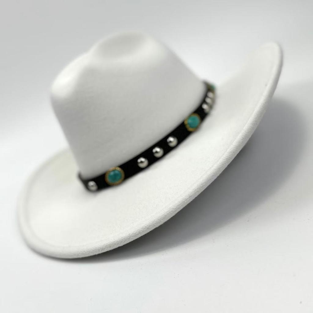 New Western Cowboy Hat, Black Woolen Jazz Top Hat, Four Seasons Men'S And Women'S Turquoise Crimped Felt Hat