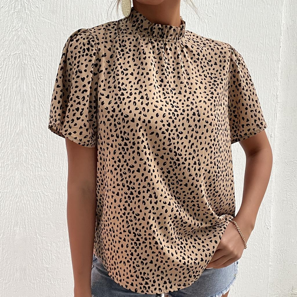 Dámské módní ležérní leopardí vzorované halenky a košile s krátkým rukávem a výstřihem do oka