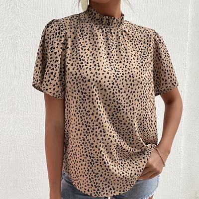 Women's Fashion Casual Leopard Print Short Sleeve O-Neck Blouses & Shirts