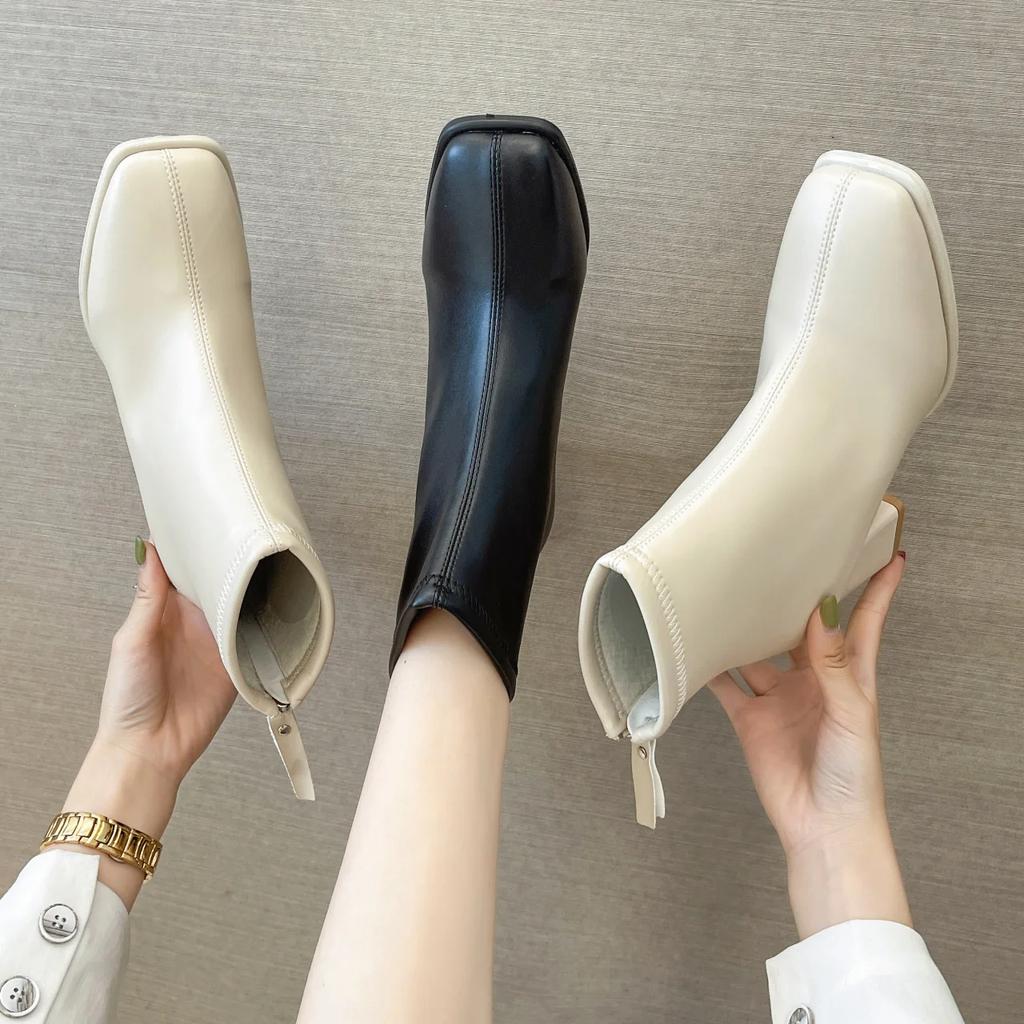 Spring Autumn New Women's Shoes Retro Square Head Coarse Heel Short Boots Fashionable Mid Heel Zipper Low Sleeve Casual Boots