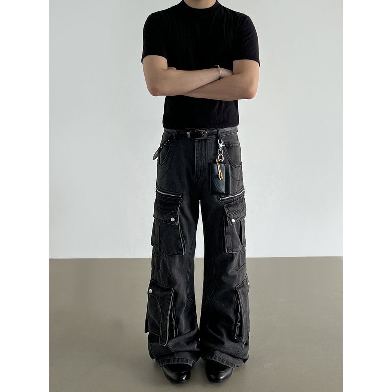 Blaexit American Retro Washed Black-Gray Denim Cargo Pants Multi-Pocket Heavy-Duty Bombshell Pants A-Line Wide-Leg Pants
