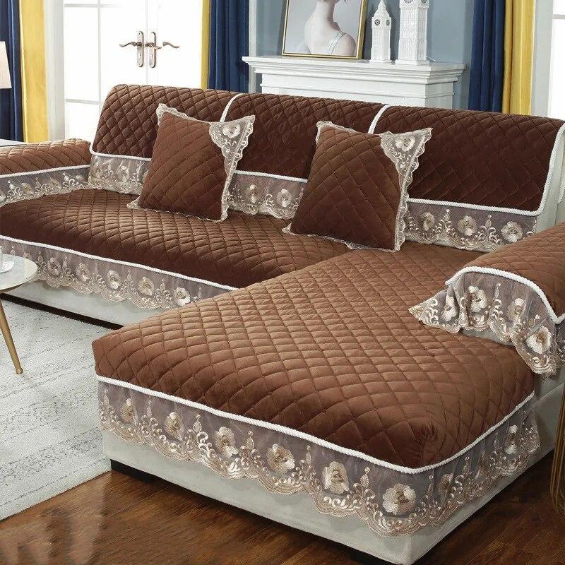 

Утолщенный плюшевый чехол для дивана с кристаллами, европейский сплошной цвет, кружевной чехол для дивана-кровати, наволочка для дивана, нескользящий диван, комбинация полотенец 45x70cm 1pcs