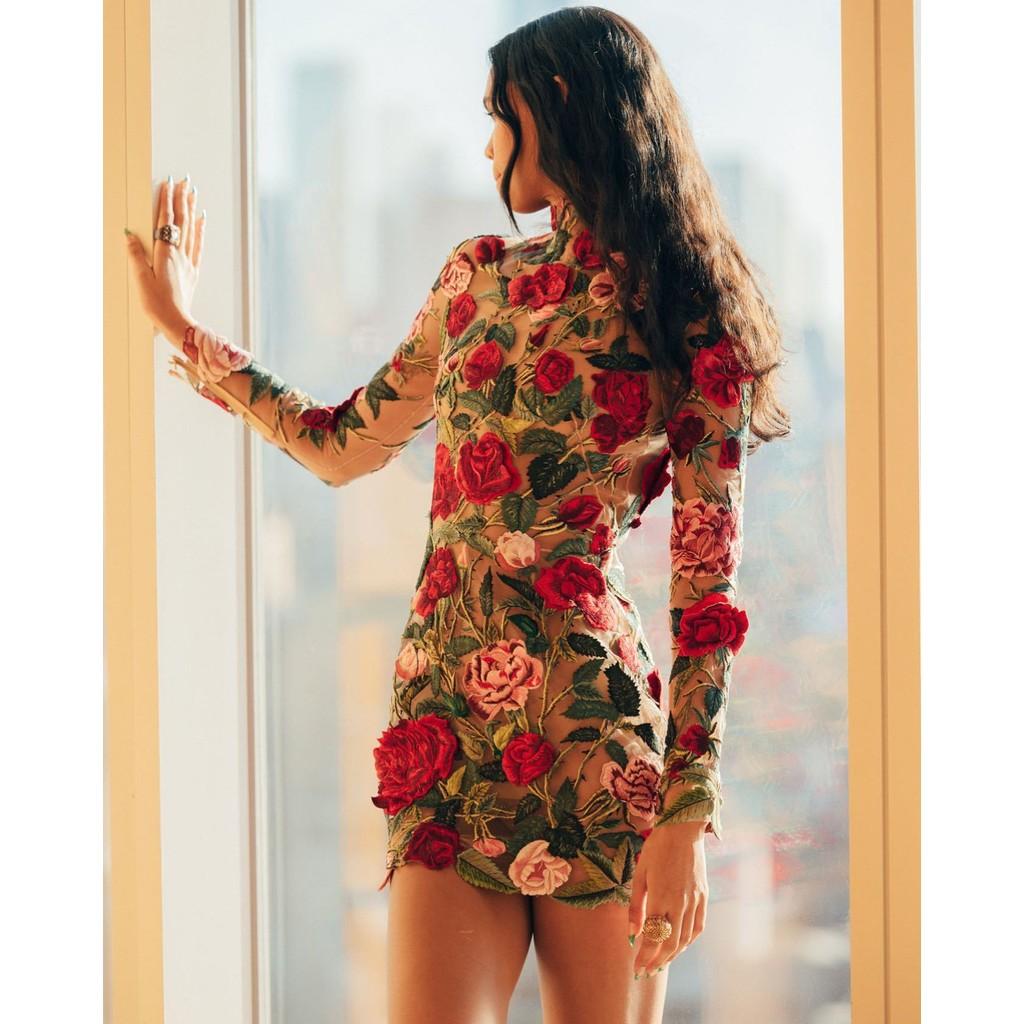 

Women Elegant Long Sleeves Embroidery 3D Flowers Bride Bridesmaids Wedding Short Dress Gorgeous Party Mini Ball Gowns
