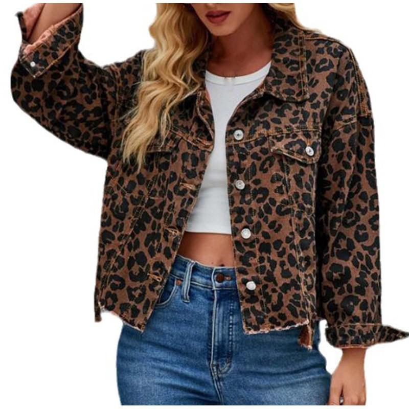 Womens Denim Cropped Jacket Leopard Print Streetwear Loose Fit Long Sleeve 2025
