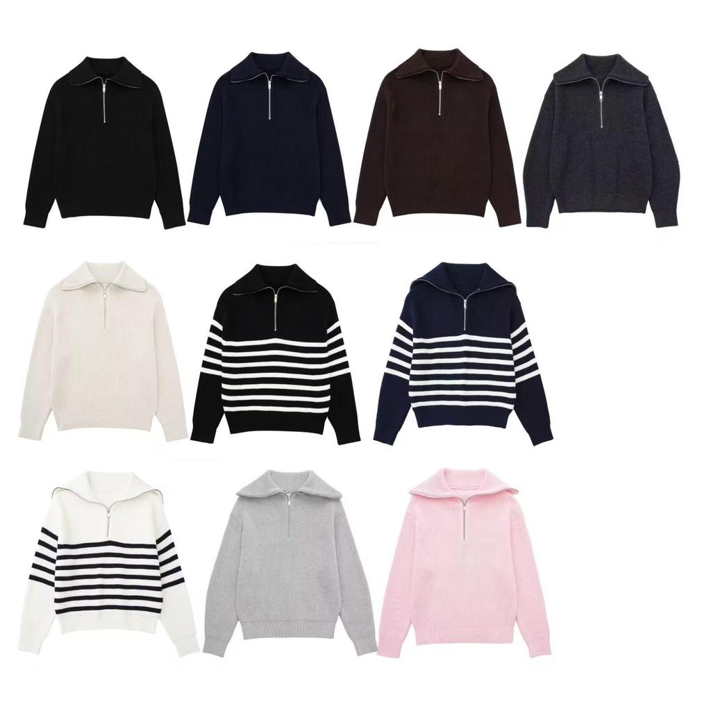 NSSF Women's Striped Wool Half-Zip Pullover - 2024 Autumn/Winter Fashion with Lapel.