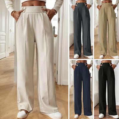 Women Leisure Pants Elastic High Trousers with Pockets Waist Solid Color Long Straight Wide Leg Commuting