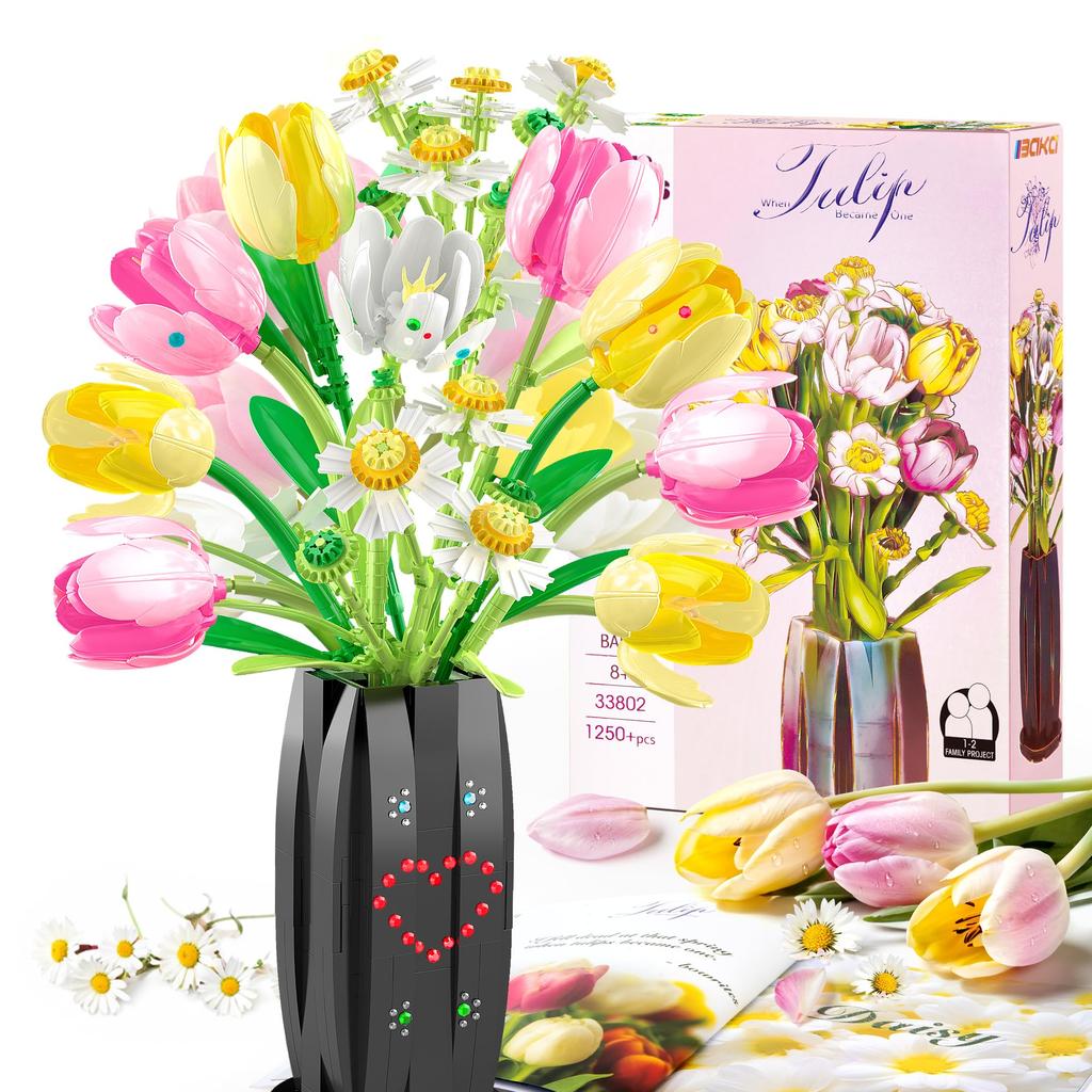 Tulip Flower Blocks Flower Block Building Toy for Kids and Boys and Anniversary Gift Toy, Set, Blocks, Adults, Girls, Mother's Day, Valentine's Day,