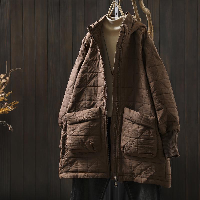 

Johnature Women Vintage Hooded Zipper Long Sleeve Winter Coats Solid Color Patchwork Pocket Warm Female Coats XL кавовий
