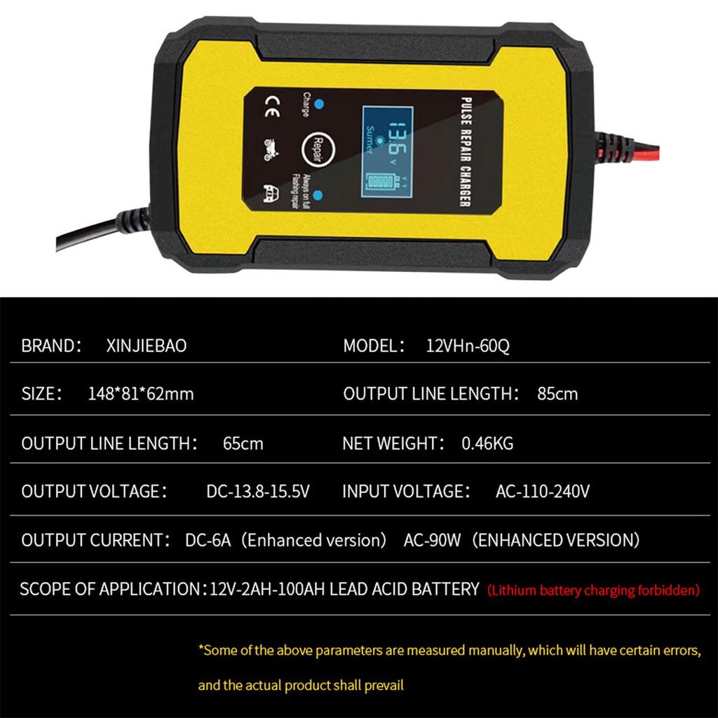 12V 6A 10A Lead Acid Battery Charger Pulse Repair Charger Compatible with Motorcycles Cars and Other Vehicles with LCD Display