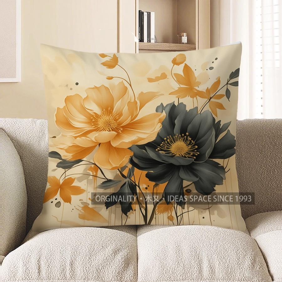 Home Decor Black & Yellow Floral Patterned Decorative Pillow Pattern Cushion Cover Suitable for Sofa Bedroom Car Pillow Cover