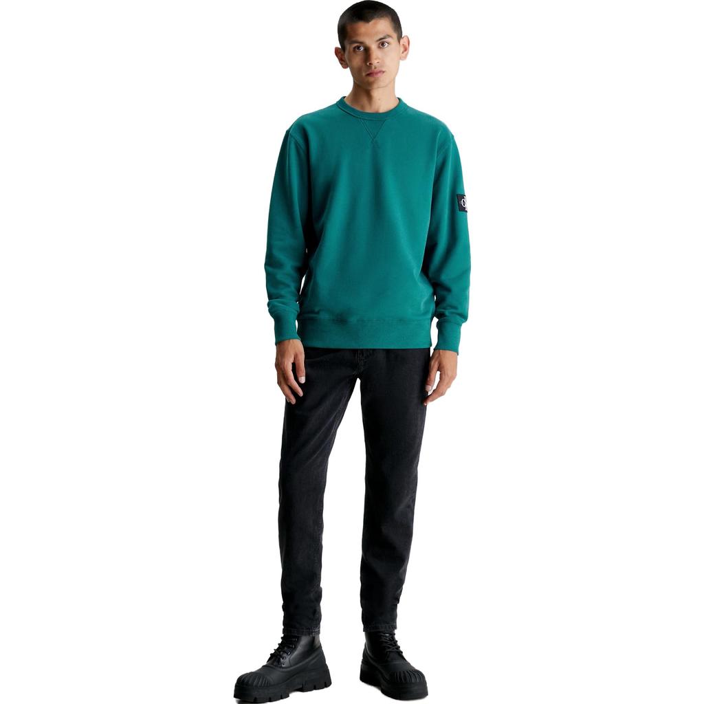 Calvin Klein Logo Badge Solid Loose Fit Crew Neck Long Sleeve Sweater Men sweater Deep-Sea-Blue J30J323426-CA4