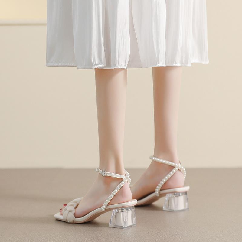 Fashion 2025 Summer Knitted Lace Band Sandals Woman Clear Med High Heels Shoes Ankle Strap Sandalias PVC Pearl Beading Sandales Femmes