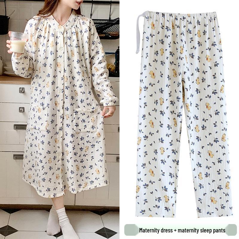 Baumwoll-Musselin Umstandspyjama-Set - Frühling/Herbst Stillnachthemd mit Hose