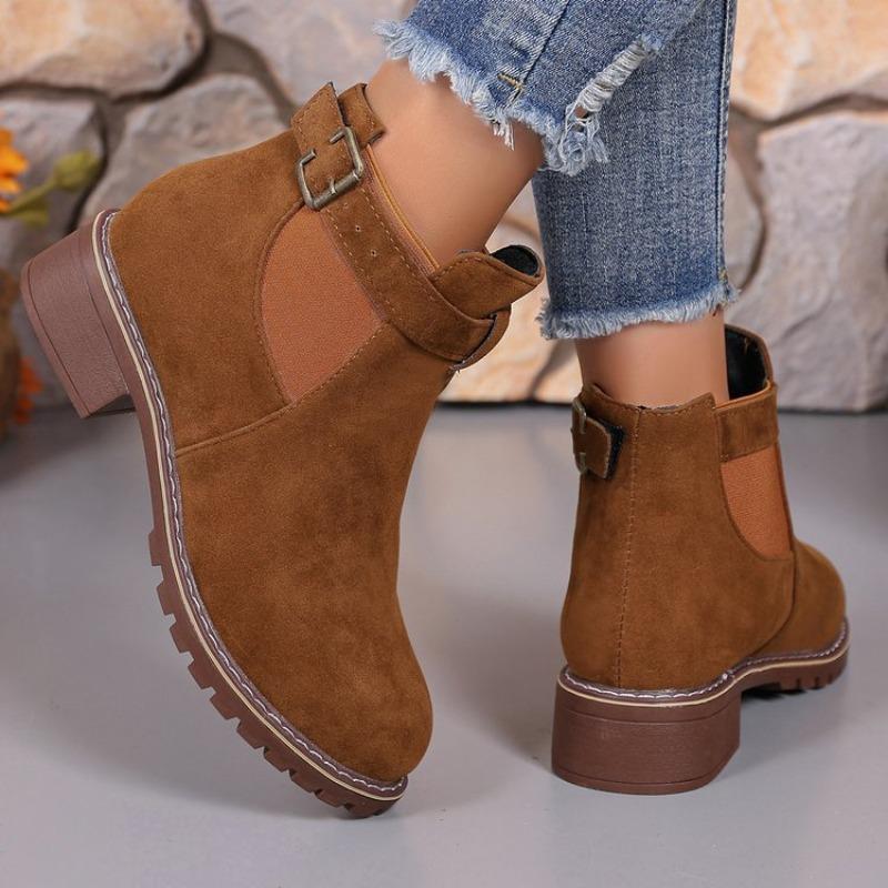 Ume Large Size Buckle with Square Heel Fashion Boots Autumn and Winter New Round Head Medium Tube Women's Boots