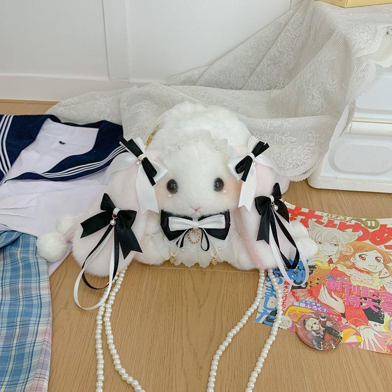 Lolita Plüsch Hasen Tasche mit Schleife, Perlenkette und Herz Design - Süße Girly Umhängetasche