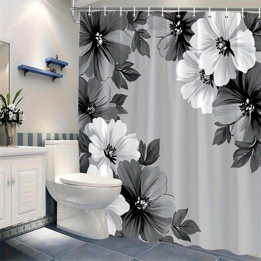 1pc Grey Hibiscus Shower Curtain - with delicate petals and slender leaves, polyester fabric, with hooks, machine washable