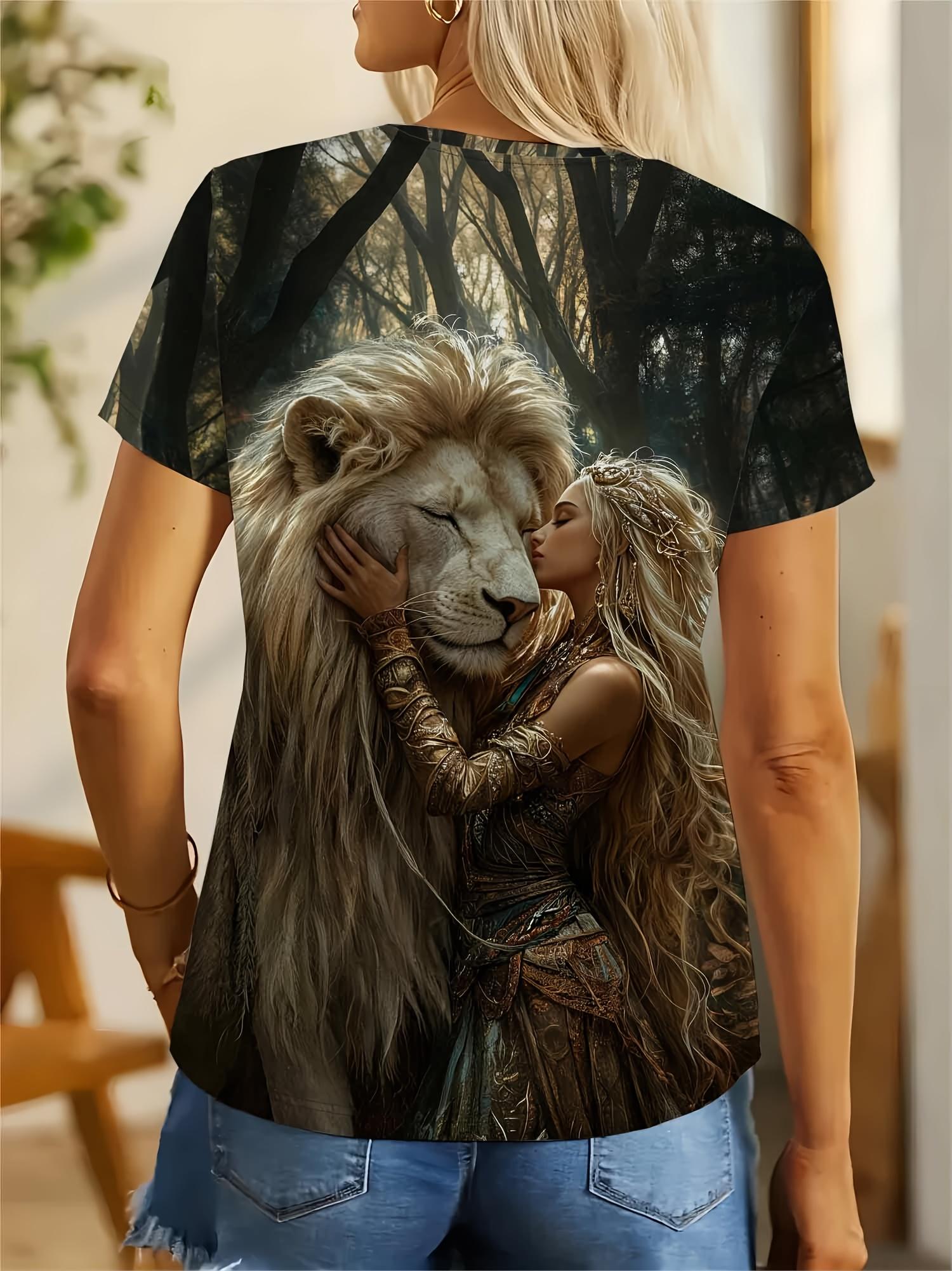 

Round Neck Dark Fantasy Style Elf And White Lion Print Short Sleeve T-Shirt Women S ClothingNiche Fantasy EnthusiastComfortable FabricDaily Outing XL дубильная кора