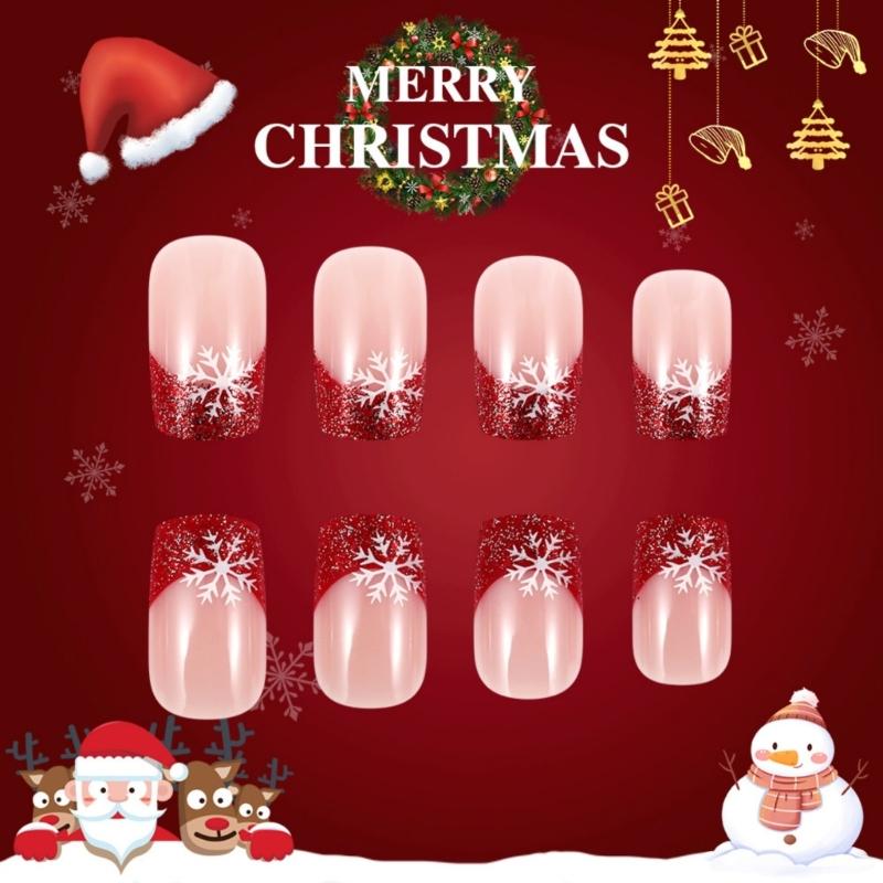Christmas Themed Press on Nail Snowflake Nail Set Quick Application Manicure Nail Decoration for Parties 24 Pieces