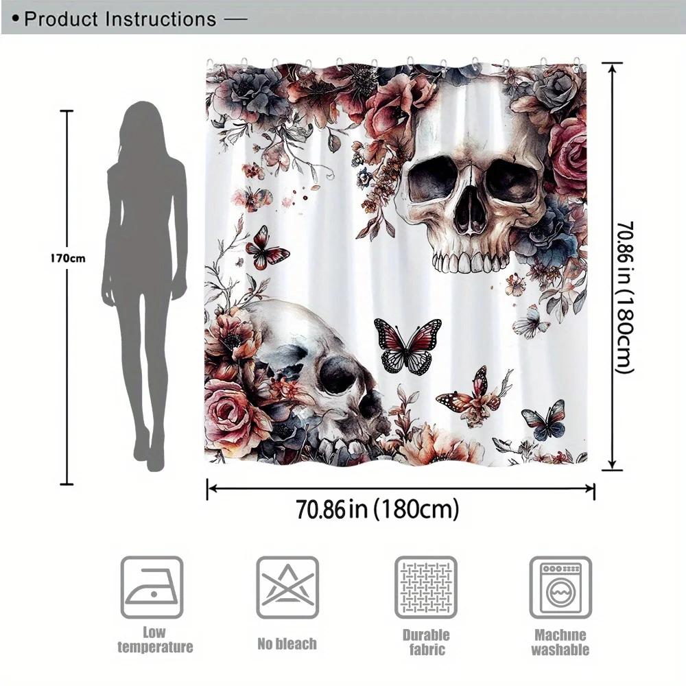 Gothic Fantasy Floral Skull Shower Curtain - Vibrant Roses & Butterflies, Durable Polyester, Ideal For Bathroom Decor