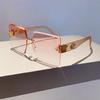 Rimless Square Sunglasses  New Oversized Stylish Gradient Multicolor Eyewear Trendy Women Brand Design Vintage Shades