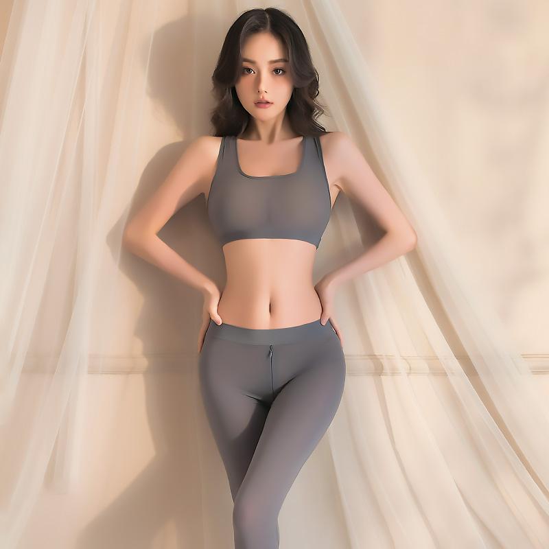 Sexy Top Open Crotch Trousers Set Erotic Lingerie Women Solid Yoga Pants Uniform Temptation Sex Porn Outfits Sleepwear Pajamas