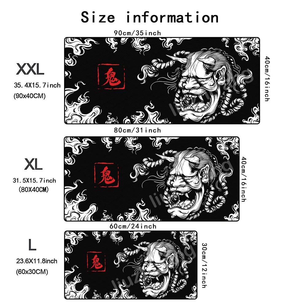 Japanese Hannya Demon Pattern XXL Gaming Mouse Pad Black White Style Non Slip Desk Mat Stitched Edge Desktop Keyboard Mat