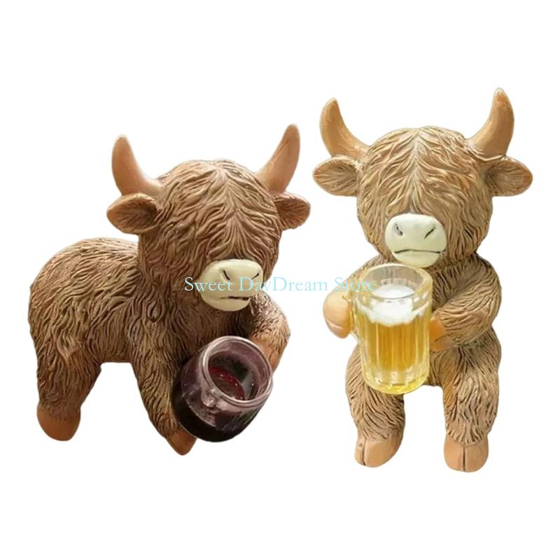 Y88C Cartoon High Land Cow Miniature Planter Huggers Flower Pot Hanging Figurine for Garden Balconies and Patios Resin Ornament