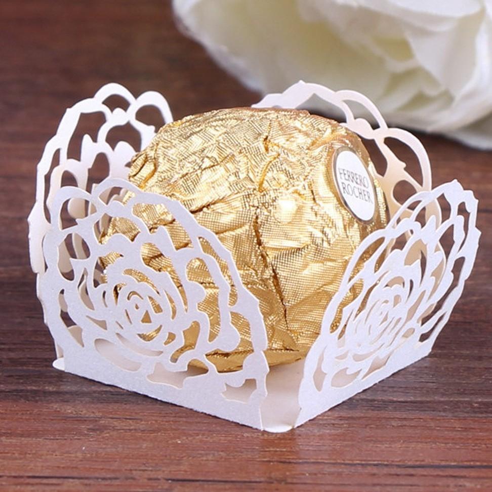 50pcs Chocolate Packing Hollow-Out Rose Baking Dessert Tray Paper Candy Paper Box For Wedding Birthday Party Decoration Supplies