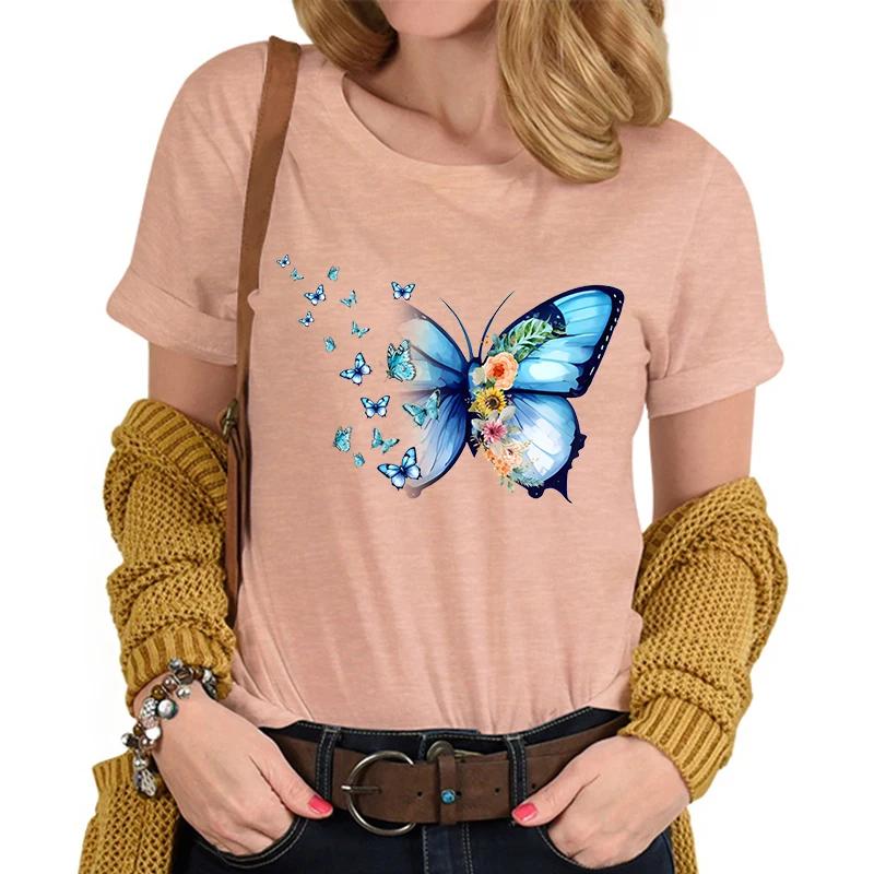 Flower Butterfly Lover Casual Tops Vintage Flower Design Tshirt Female Butterfly Print Premium Casual Short Sleeve TShirt Women
