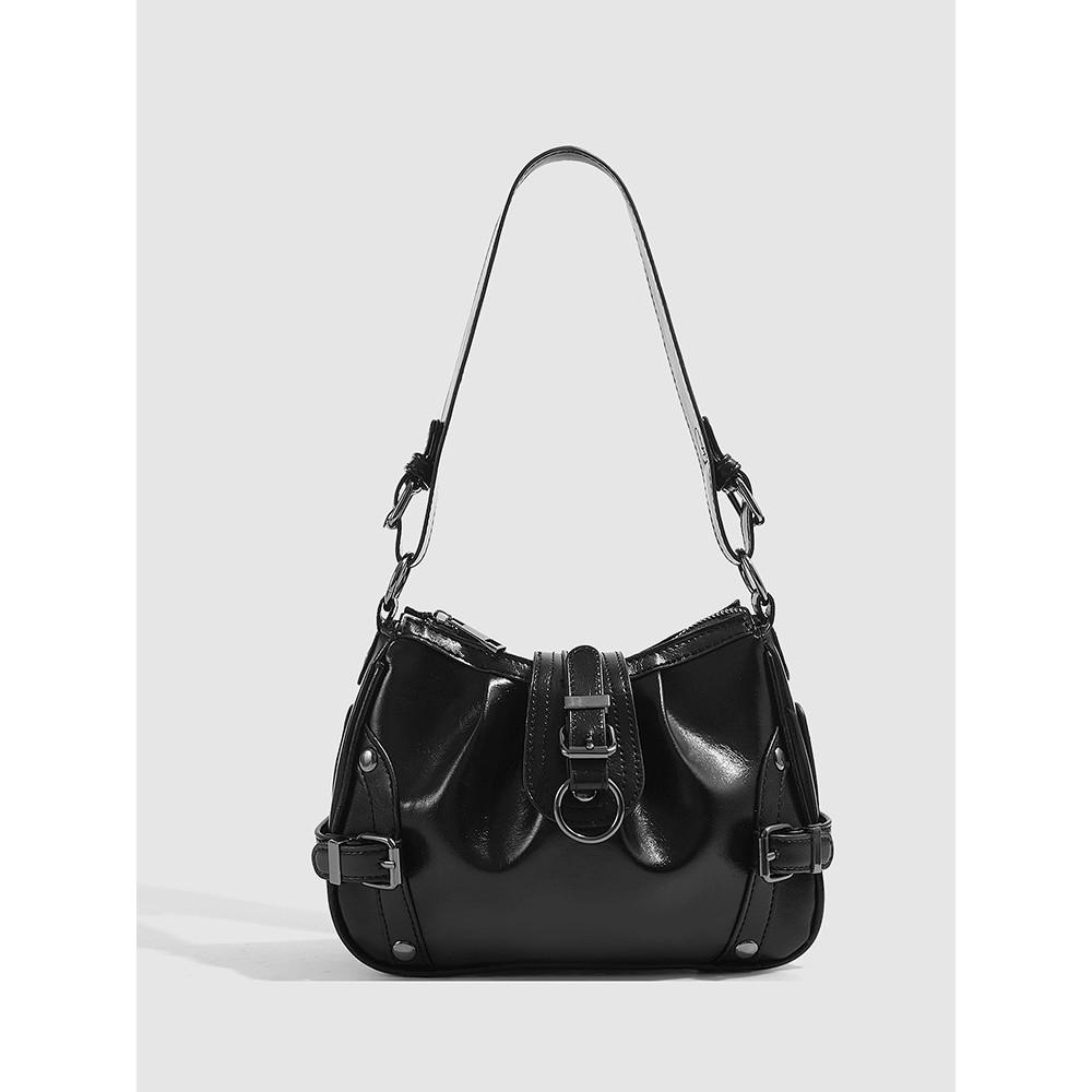IELGY Ladies Underarm Bag Oil Wax Leather Modern Black Motorcycle Bag Commuter Shoulder
