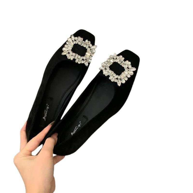 Flat Bottom Silver High-end Square Head Rhinestone Single Shoes Women's Shoes 2025 New Summer Black Commuter Beanie Shoes