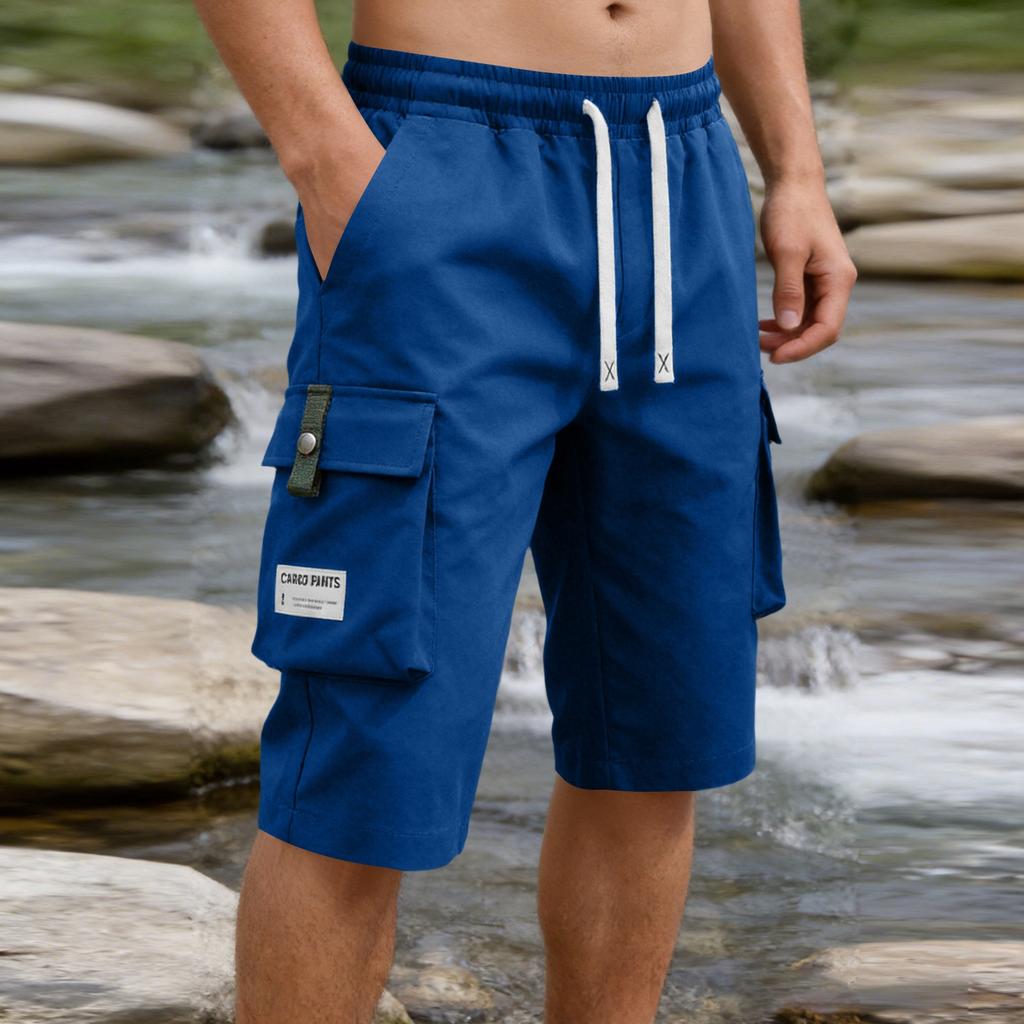 Men's Lightweight Cargo Shorts Elastic Waistband Drawstring Closure Loose Fit Straight Leg Multi Pocket Utility Shorts for Outdoor Activities