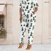 Women Plus Size White Printed Two Piece Set Short Sleeve Top Pocket Pants