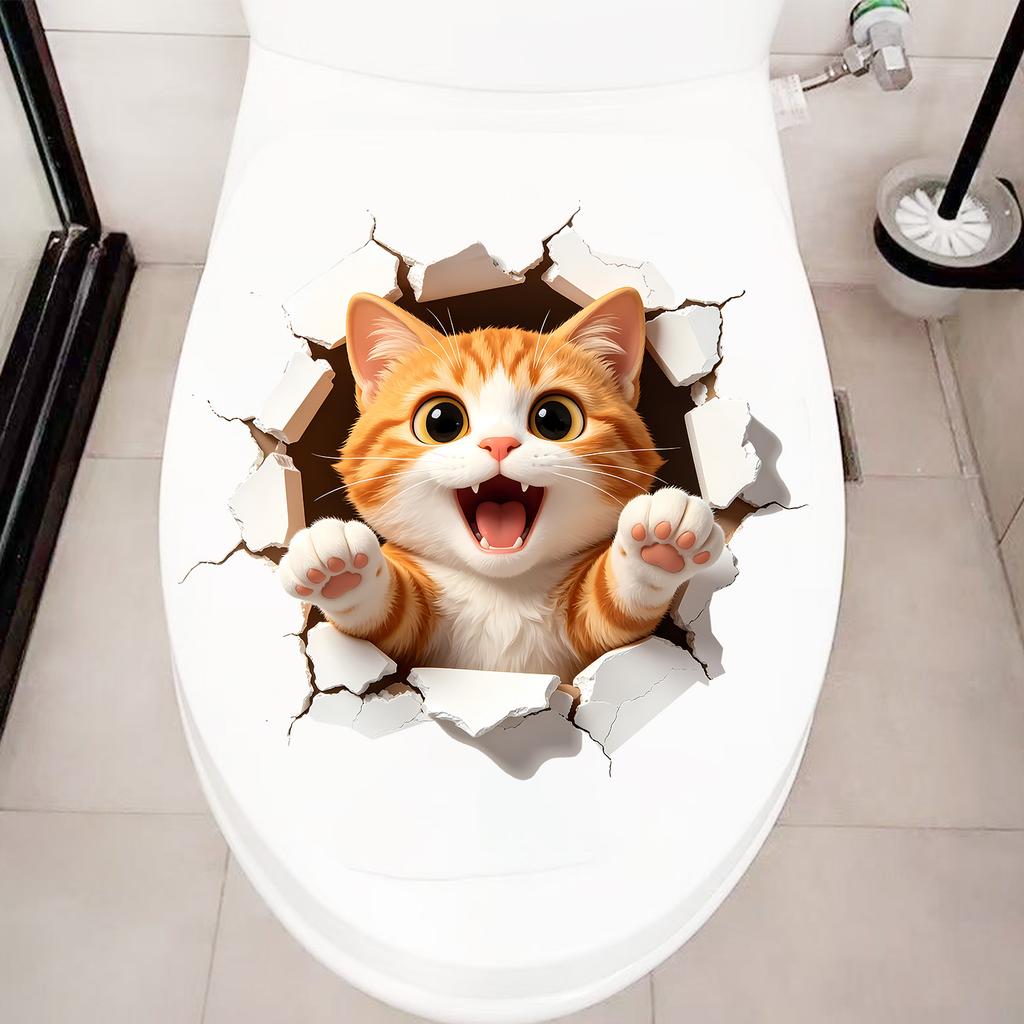 Cute Orange Cat Breaking Through Wall Self Adhesive Toilet Tank Sticker Waterproof