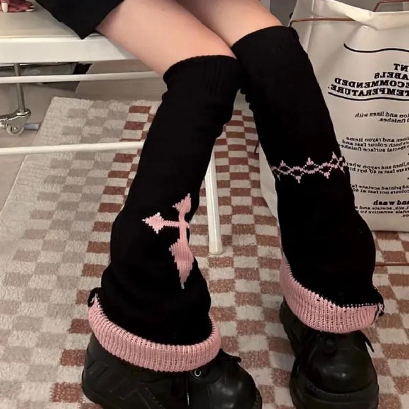 Y2K Lolita Leg Warmers Harajuku Women Winter Red Heart Print Cross Gothic Skull Halloween Skeleton Spider Web Knitted Leg Covers
