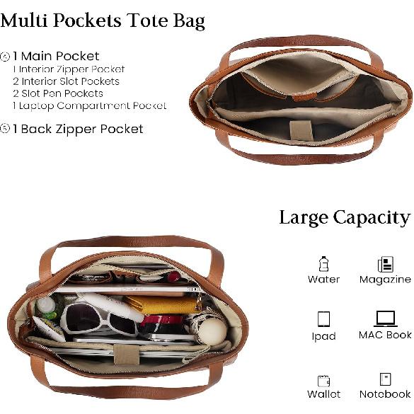befen Genuine Leather Tote Bag for Women Work Travel Leather Purse Handbags | Real Leather, Padded 14" Laptop Compartment, Multi-Pockets, Zipper,